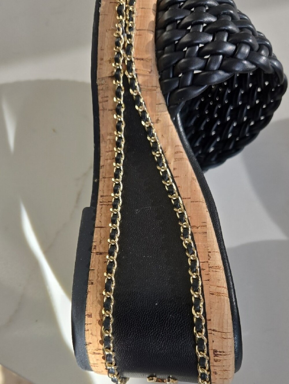 CHANEL Black Braided Leather Slide Mules with Gold Chain Trim - Picture 9 of 9